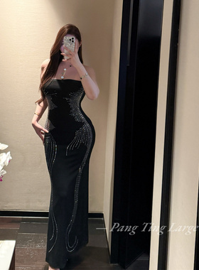 胖婷大码定制胖mm「末路狂花」欧美风黑色抹胸烫钻修身显瘦连衣裙