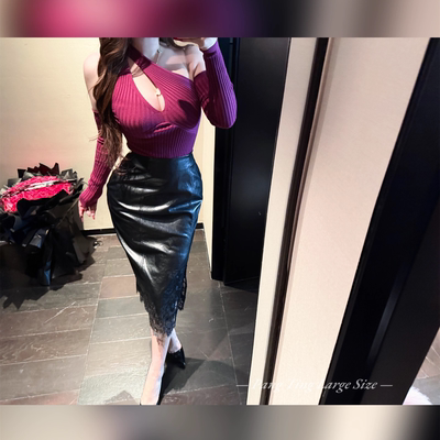 胖婷大码定制胖mm「矜贵女主角」蕾丝开叉修身丰胯油蜡PU包臀皮裙