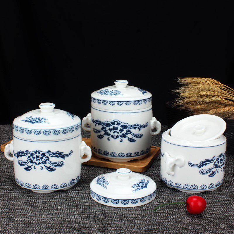 景德镇陶瓷隔水炖盅青花瓷参盅釉下彩双盖家用燕窝盅双耳汤盅中式