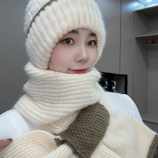 新款帽子围巾一体加绒加厚女冬季毛线编织风雪帽松鼠绒保暖网红帽