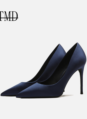TMD高跟鞋女细跟2025年春秋新款设计感小众尖头气质职业蓝色单鞋