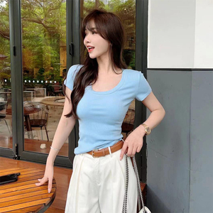 卡卡女装官方正品时尚水滴U领螺纹短袖T恤女百搭圆领修身显瘦上衣
