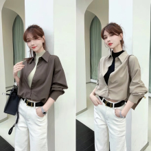 卡卡女装官方正品秋冬季格调美拉德设计感拼接衬衣假两件衬衫长袖