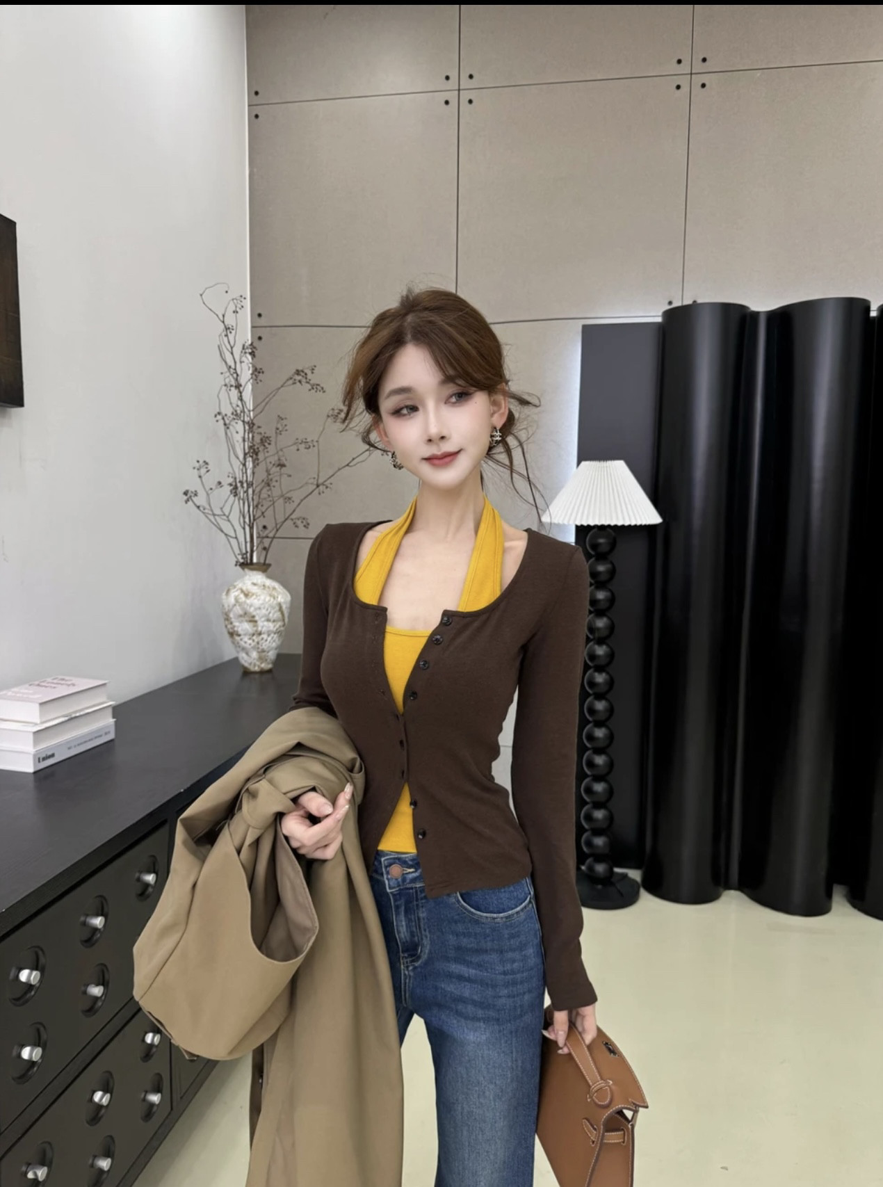 卡卡正品撞色秋季假两件挂脖纽扣拼接设计感气质修身显瘦针织开衫