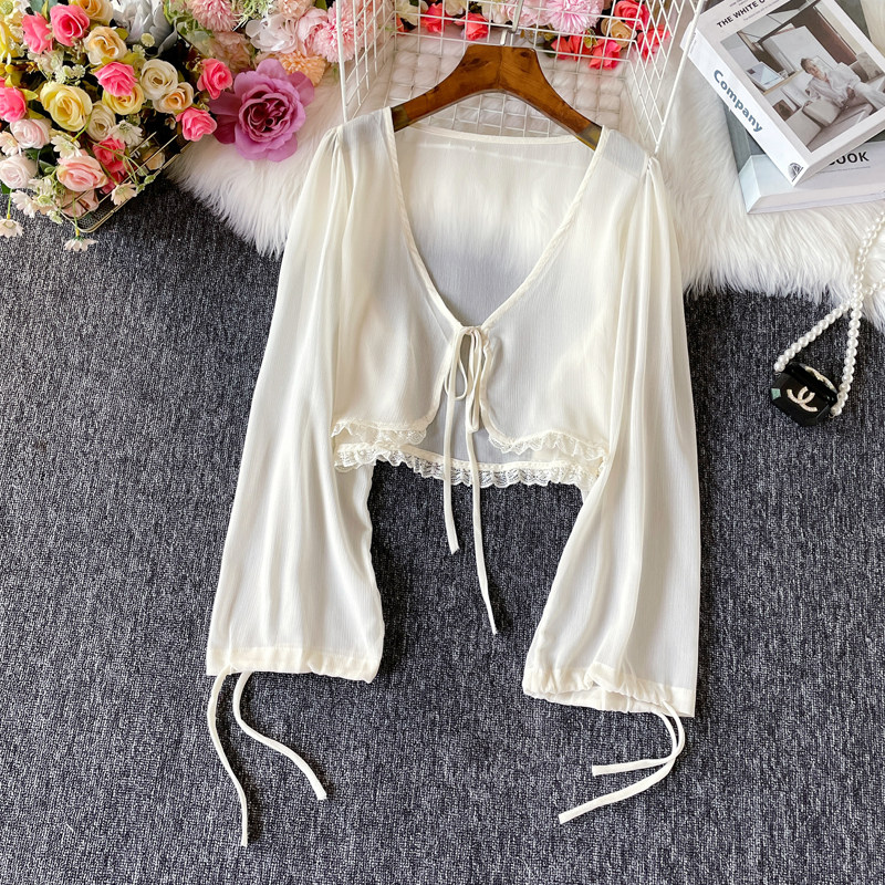 防晒开衫女夏季淑女风时尚外搭薄款短外套配裙子的超仙抽绳上衣