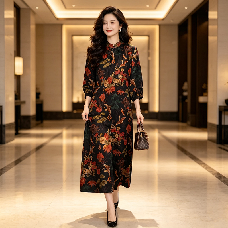 香薇姿中式真丝香云纱妈妈连衣裙