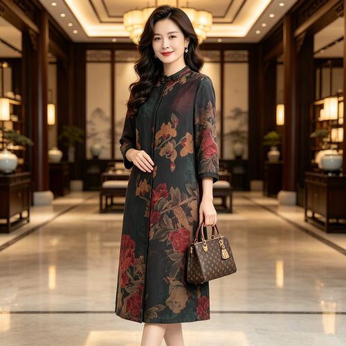 香薇姿高档复古真丝香云纱连衣裙