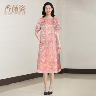 正品 桑蠶絲裙子 媽媽裝 宋錦真絲連衣裙女夏輕奢高級感高檔2025夏季