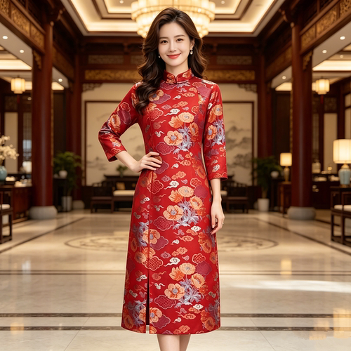 香薇姿复古红色婚宴宋锦旗袍旗袍