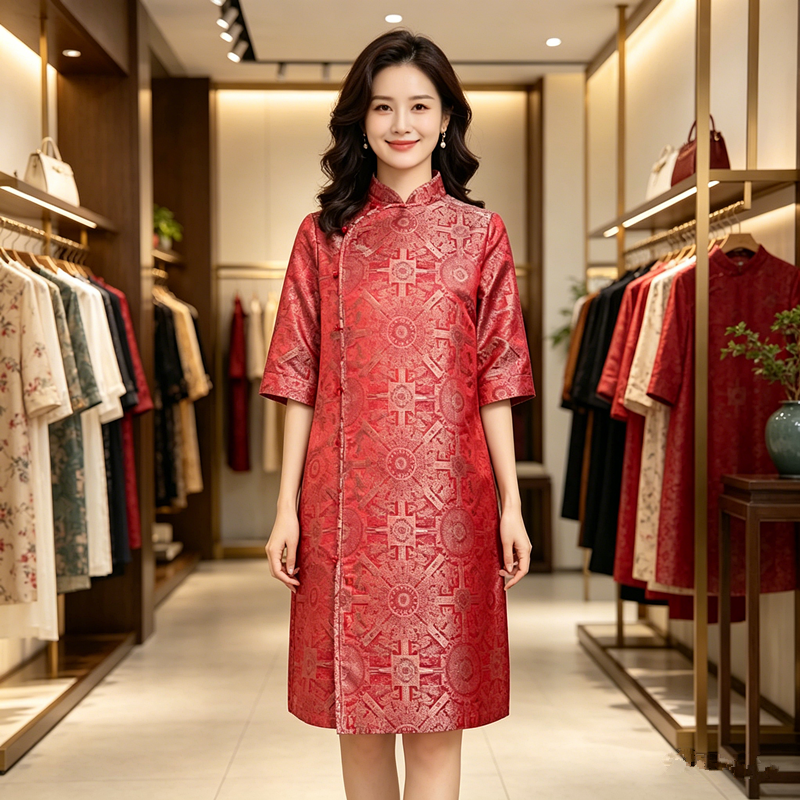 宋锦红色连衣裙女中式妈妈婚宴装大码2026夏季高级感宴会订婚裙子