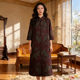 春季风衣女新中式复古立领七分袖印花中长款高端真丝香云纱衬衫裙