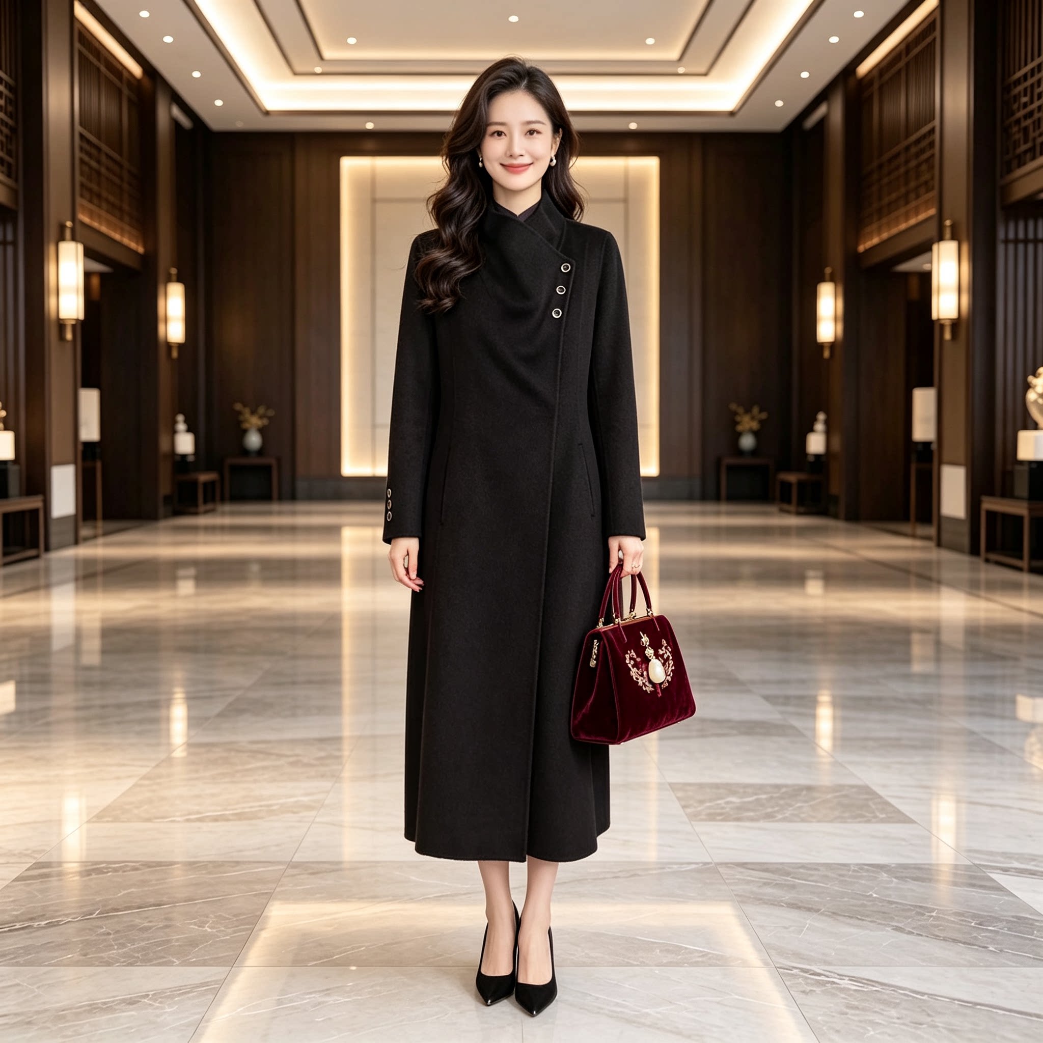香薇姿黑色毛呢立领收腰大衣女