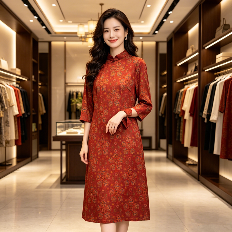 春夏真丝香云纱连衣裙新中式红色改良旗袍订婚妈妈婚宴装日常可穿