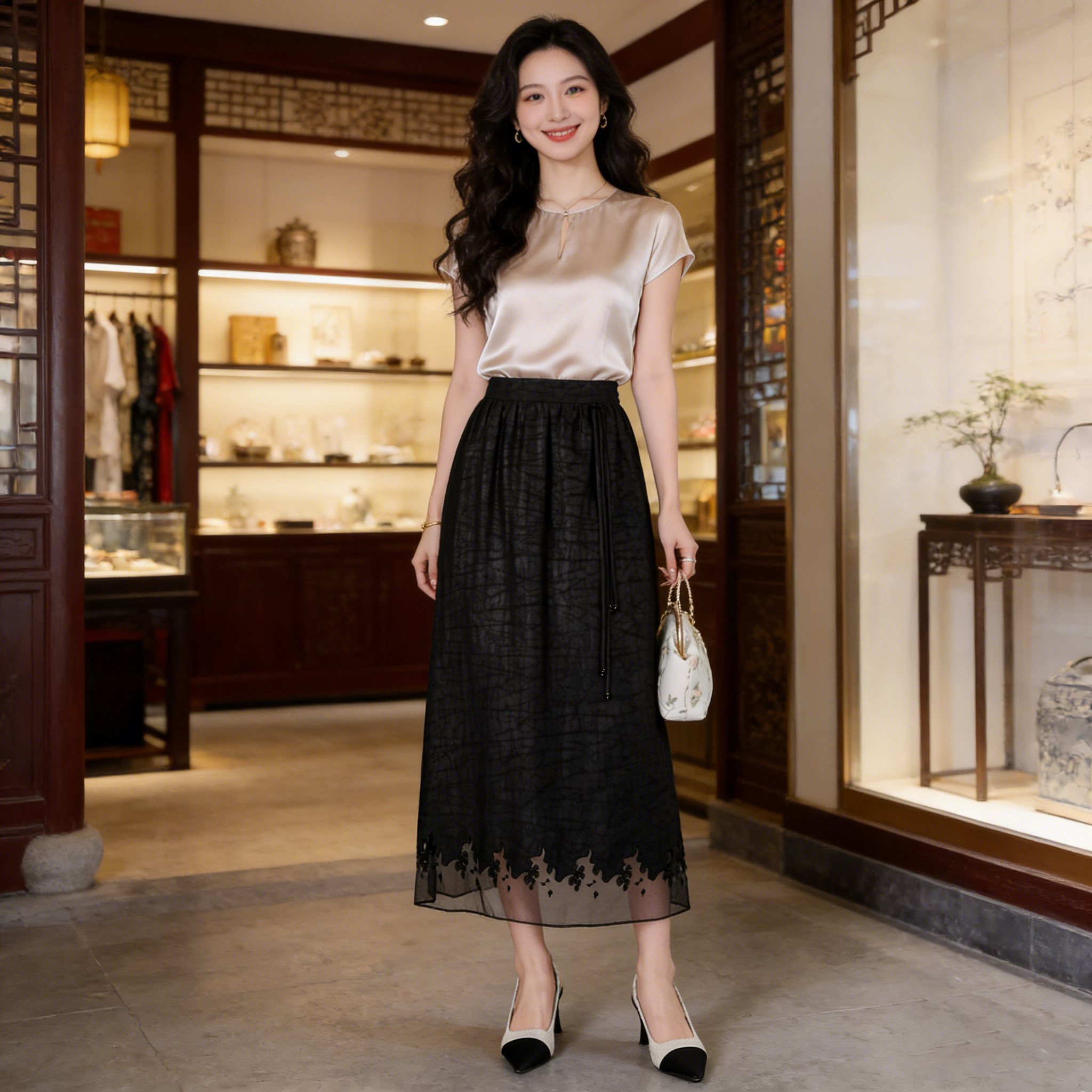 香薇姿黑色真丝香云纱半身裙女中长款A字裙显瘦高端桑蚕丝伞裙夏