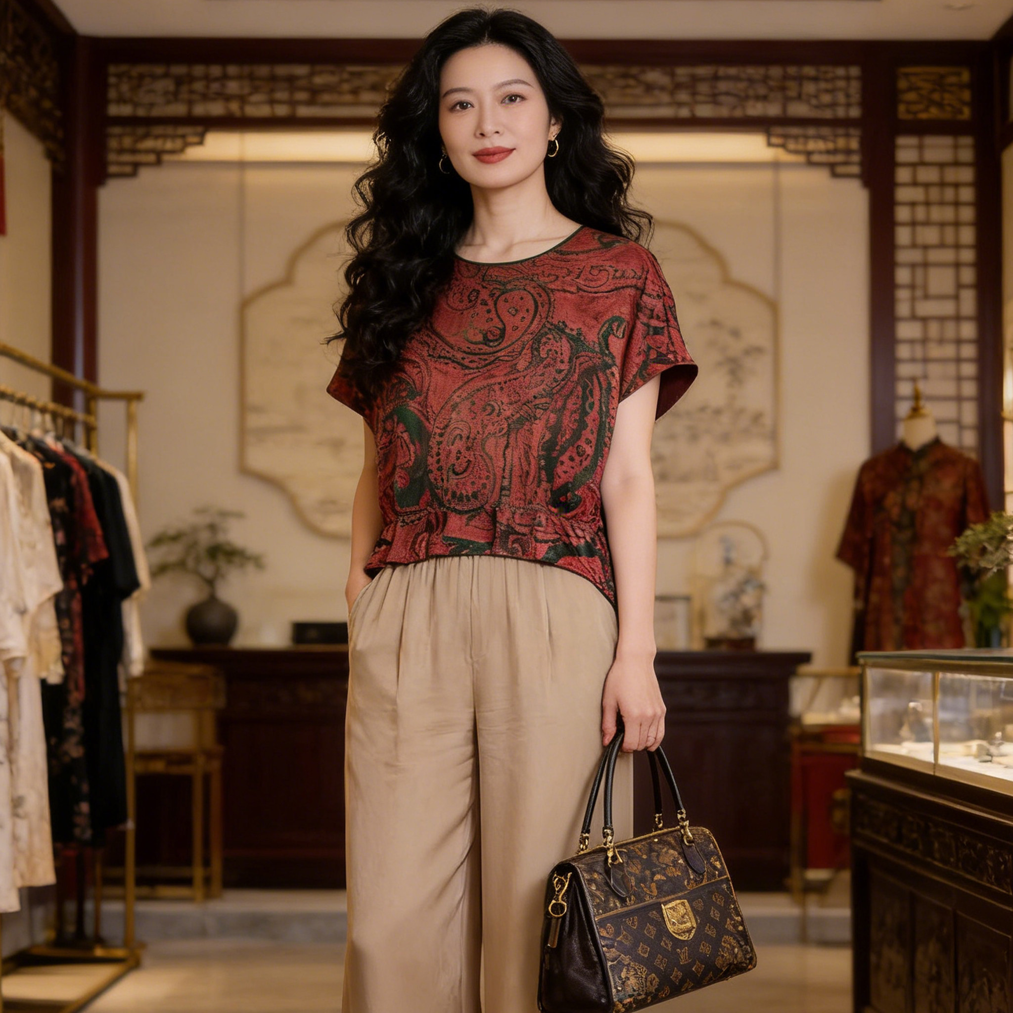 夏季真丝香云纱复古印花短袖T恤设计师款亲肤透气桑蚕丝女士上衣
