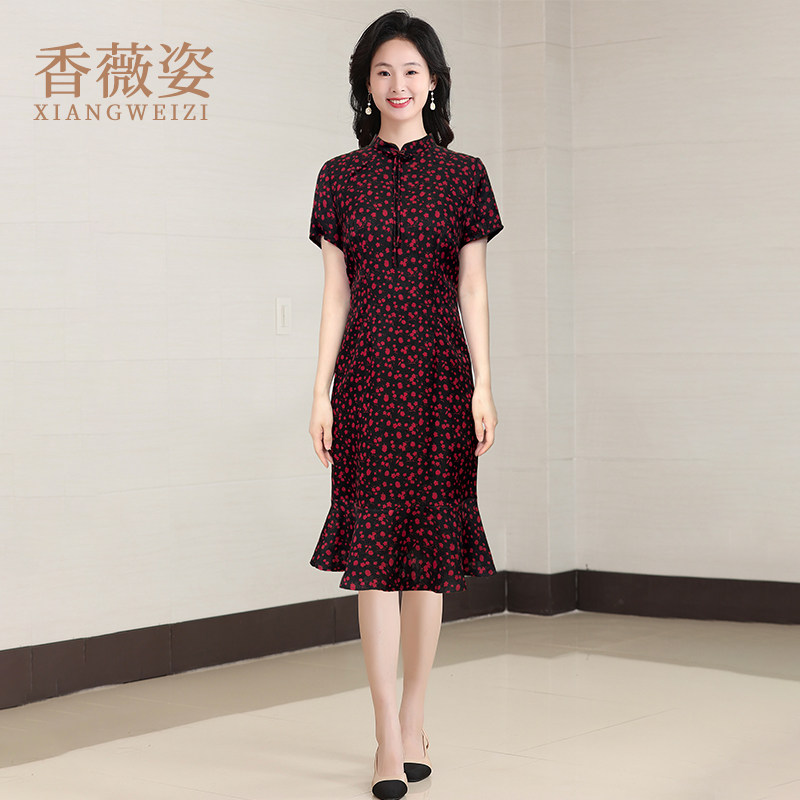 真丝香云纱连衣裙夏季2025新款高端小个子鱼尾裙碎花桑蚕丝裙子女