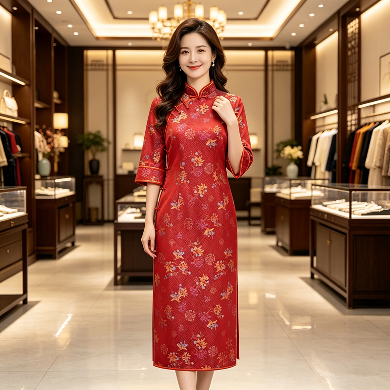 宋锦真丝旗袍红色连衣裙春秋妈妈婚宴订婚礼服桑蚕丝喜婆婆婚宴装