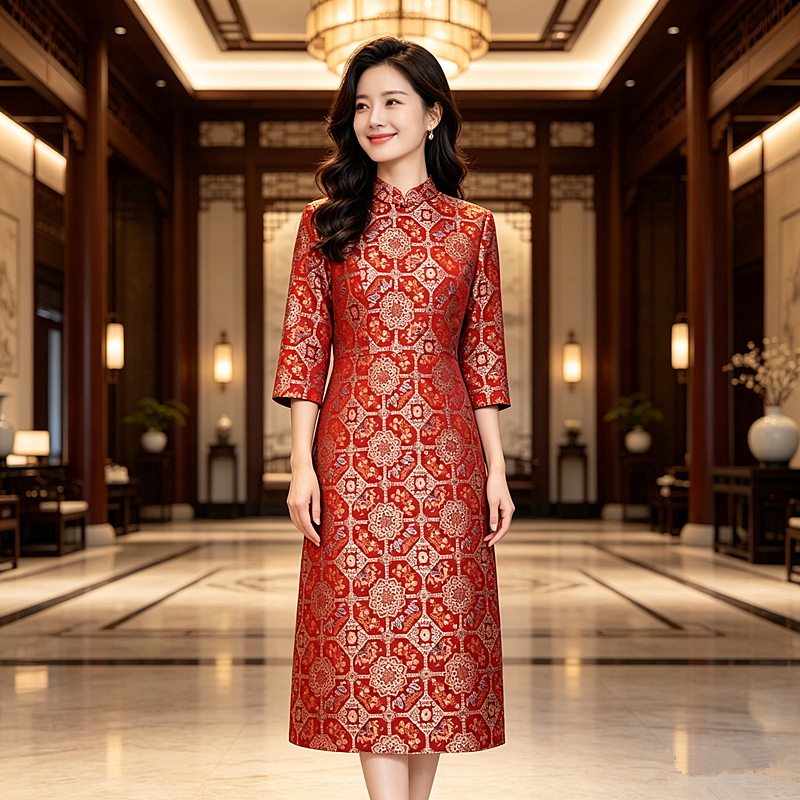 宋锦订婚礼服喜婆婆婚宴装2026新款妈妈婚宴轻奢高级感红色连衣裙