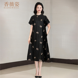 新款 裙子2025夏季 真絲香云紗連衣裙女寬松顯瘦氣質(zhì)媽媽桑蠶絲中式