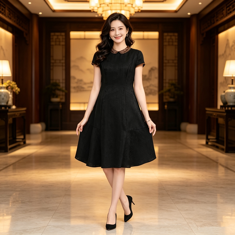 桑蚕丝香云纱连衣裙女夏高端气质显瘦小个子妈妈夏季黑色真丝裙子