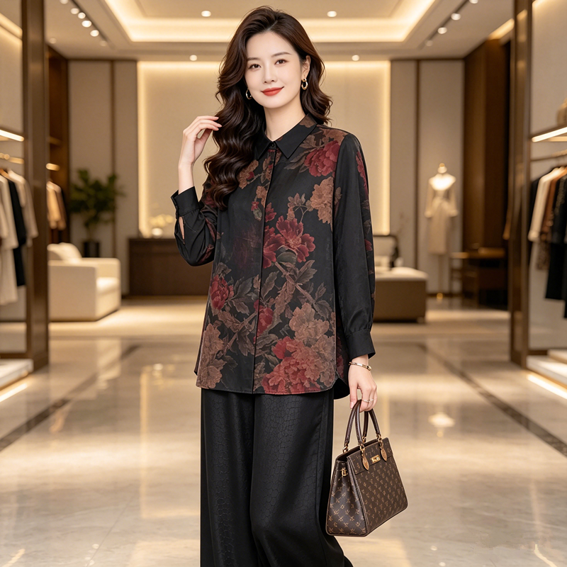 高端妈妈衬衫2026春季女长袖大码女装显瘦真丝香云纱女士衬衣春装