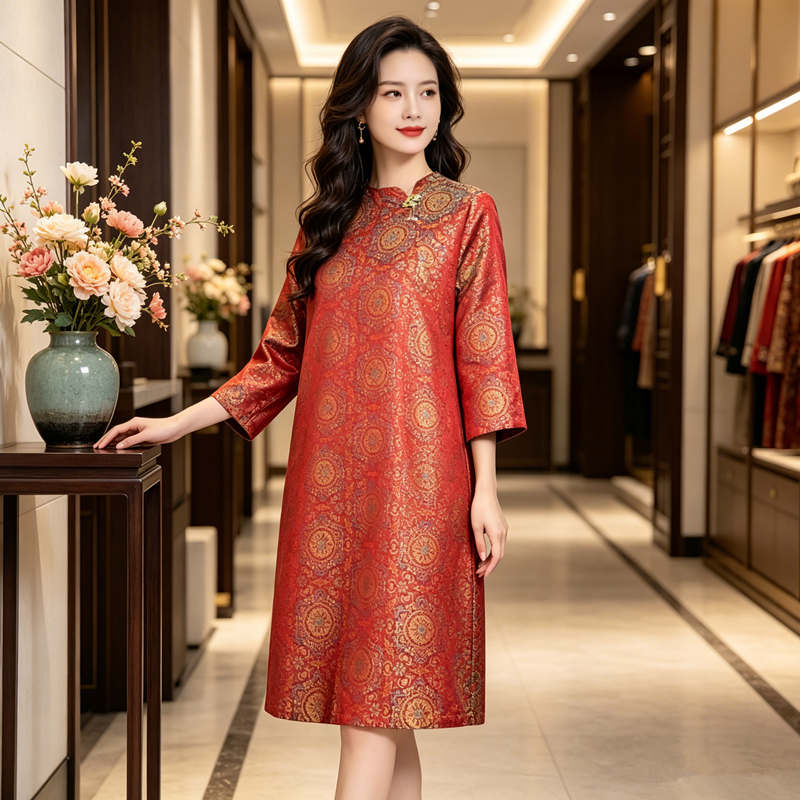 宋锦连衣裙女小个子秋季妈妈婚宴礼服高端轻奢高级感喜婆婆婚宴装