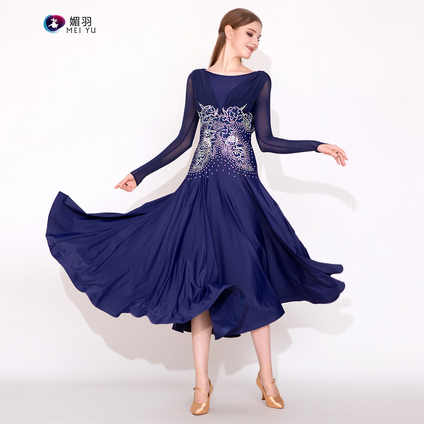 媚羽 蓝调魅影 MY942藏蓝摩登舞裙连衣裙镶钻演出服交谊舞华尔兹