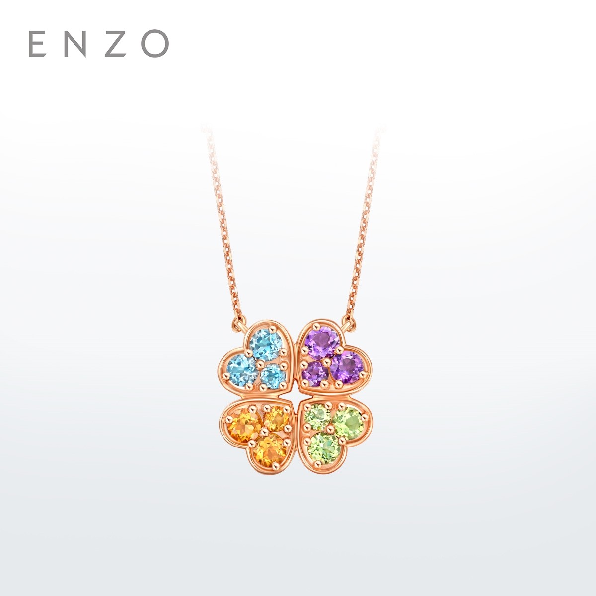 新款ENZO 彩虹四叶草18K金多彩宝石项链女EZV8987节日