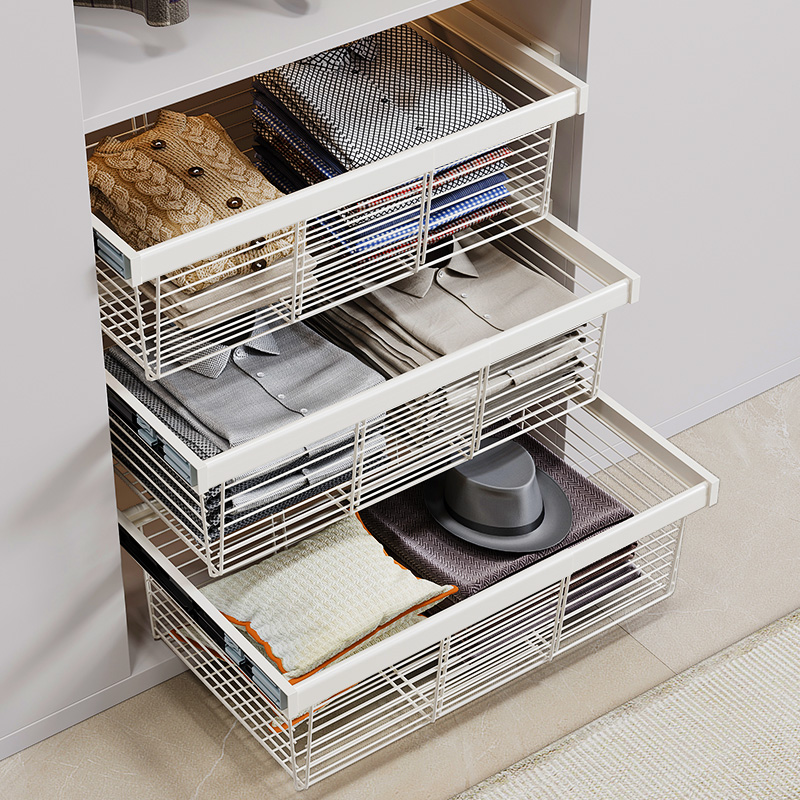 衣柜拉篮抽屉式免打孔分层推拉轨道收纳改造内置抽拉伸缩滑轨拉篮