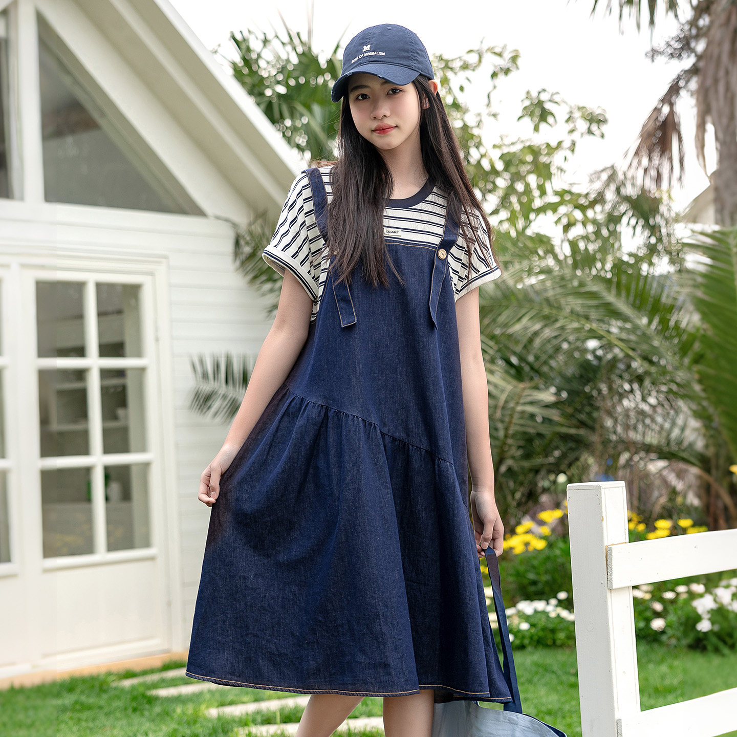 少女条纹假两件牛仔洋装2026夏新款抱婴袋裙中长群初中生休闲裙子