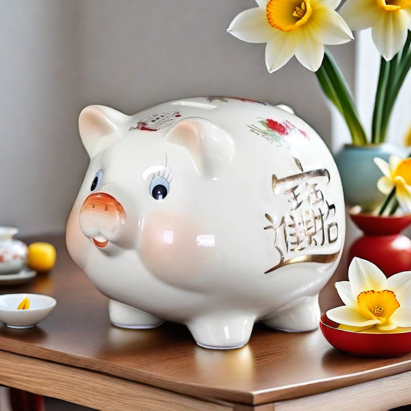 陶瓷可爱米色猪存钱罐存钱筒创意礼品生日礼物手工台面摆件