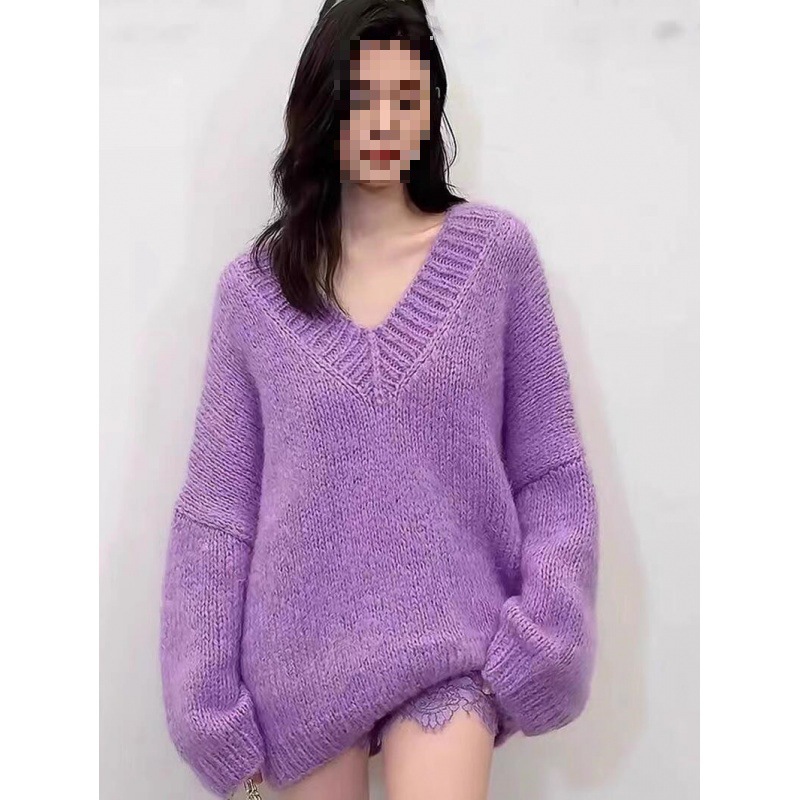 现货爱的修学旅行奚梦瑶同款香芋紫色宽松慵懒风V领针织衫上衣潮