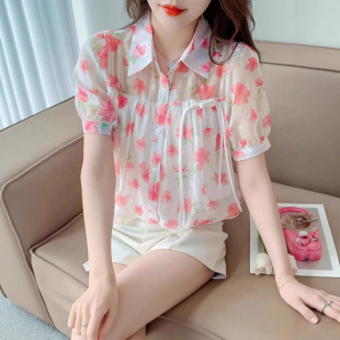 雪纺衬衫 领设计感小众打底衫 女夏季 慵懒风上衣西装 2025年薄款 短袖