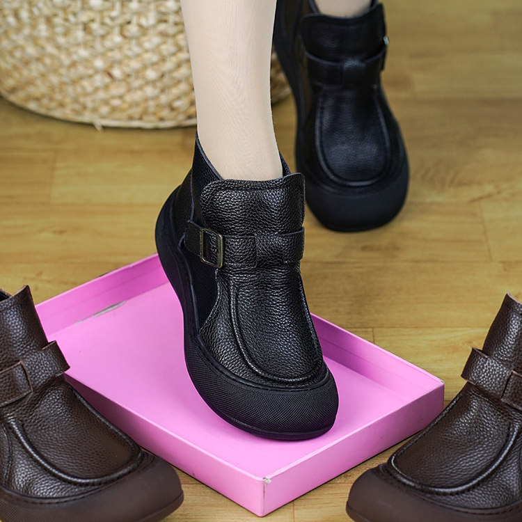 头层牛皮复古高帮鞋女秋冬新款平底加绒软底防滑中跟妈妈鞋马丁靴,女鞋,时装靴,淘宝优惠券,粉丝福利购,淘宝优惠卷