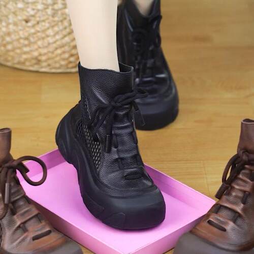 夏季新款真皮镂空女马丁靴厚底软皮网面透气洞洞鞋英伦风牛皮凉鞋
