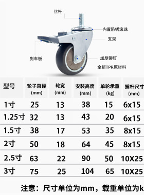 厂家批发静音万向轮 1，1.5， 2寸丝杆家具滚轮TPR橡胶带刹车脚轮