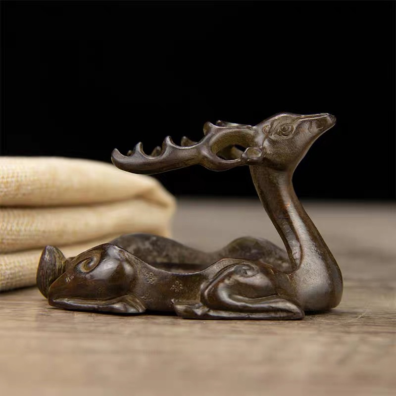 古玩古董老铜梅花鹿铜笔洗笔搁镇尺烟灰缸中式家居复古老物件收藏