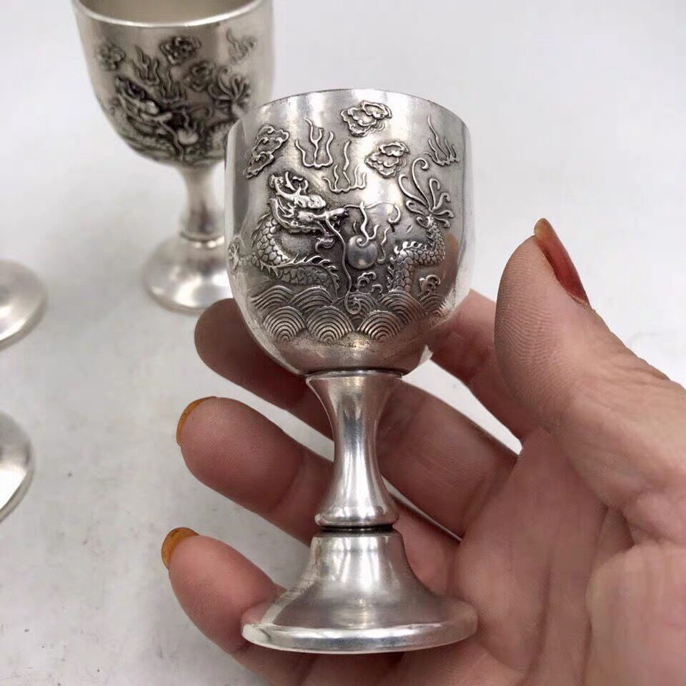 仿古银酒杯游龙戏珠酒杯白铜镀银高脚杯双龙酒盅铜杯子复古摆件