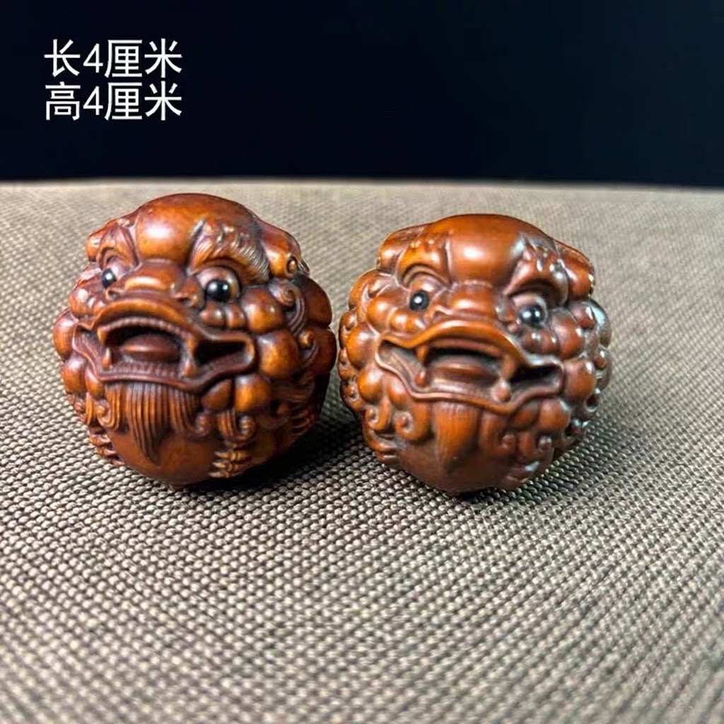 古董文玩黄杨木雕招财貔貅摆件红木皮休手球茶宠手把件一对老物件