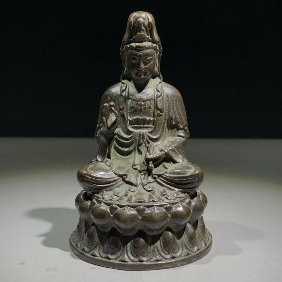 乡下收来老铜净瓶观音佛像观音坐莲观世音菩萨老铜像客厅装饰摆件