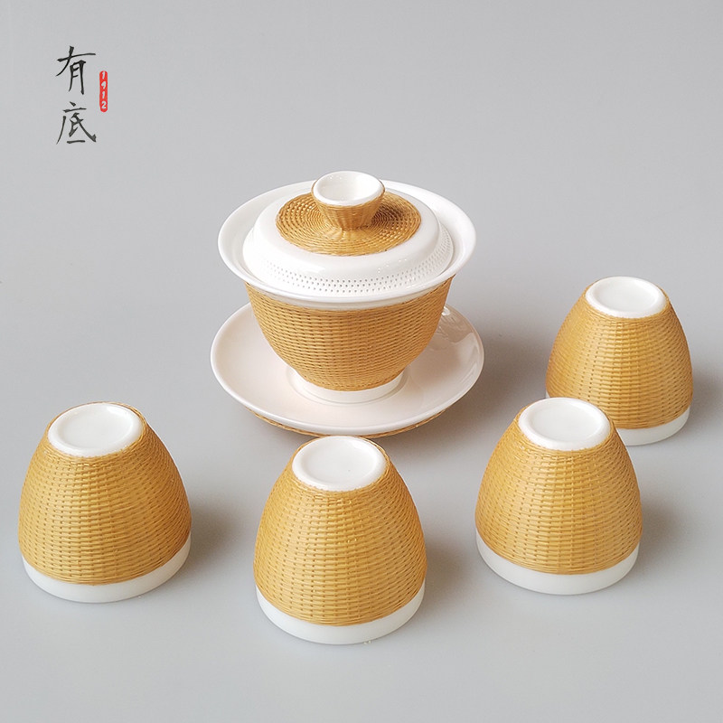 竹编盖碗套装中国非遗瓷胎竹编特色礼品送外国人商务送礼伴手礼