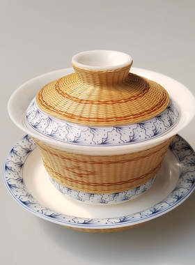 竹丝扣瓷盖碗中国特色礼品送外国人瓷胎竹编盖碗茶具四川特色非遗