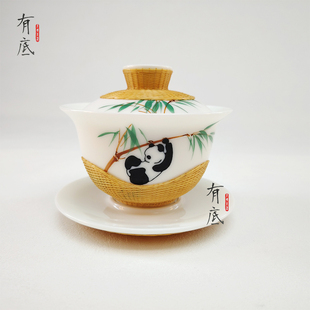 竹丝扣瓷盖碗茶具四川非遗礼品商务送礼礼盒装成都特色熊猫盖碗