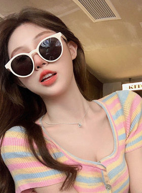 复古白框圆形墨镜女2023新款