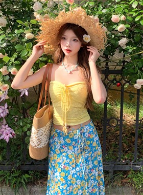 泰国海边旅游拍照度假沙滩裙套装女黄色抹胸上衣碎花半身裙两件套