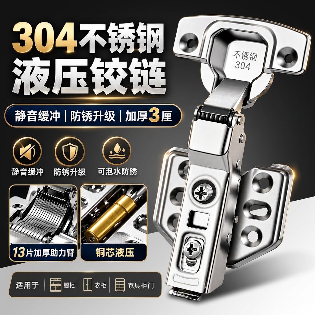 铰链304不锈钢液压飞机合叶二段力阻尼缓冲中弯弹簧衣橱柜门合页