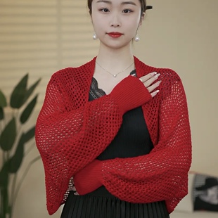 新款披肩冰丝棉质网格镂空套袖开衫坎肩女空调房针织外搭网红气质