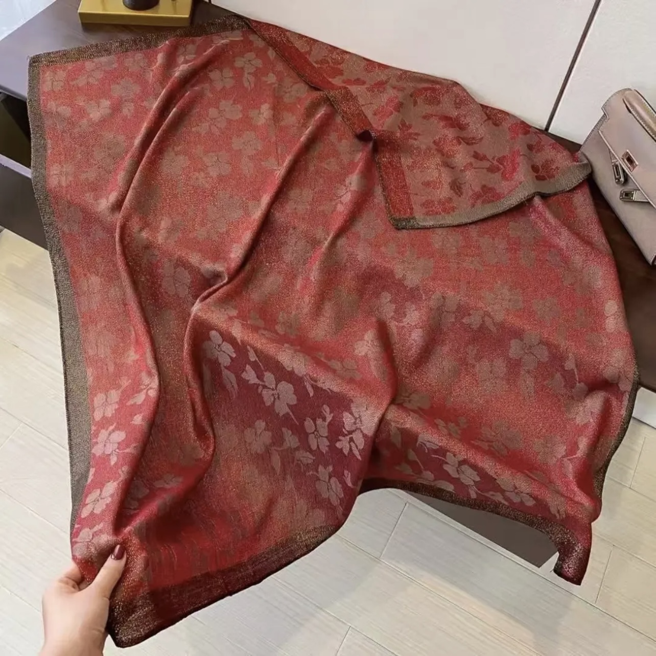 【金丝枫叶】高档提花100x100CM左右金丝线方巾百搭围巾披肩新款