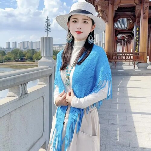 韩版纯色空调房外搭夏季旅游拍照贵妇斗篷三角镂空设计流苏披肩潮