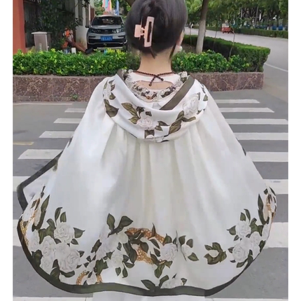 何大小姐披肩宽松一体洋气外搭防风荷叶领连帽防晒披肩丽锦缎斗篷